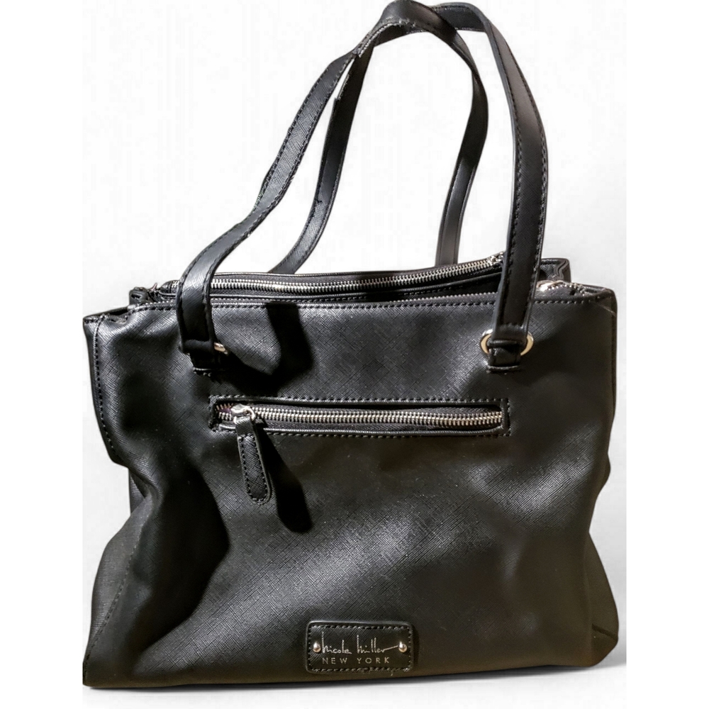 Nicole Miller New York Black Faux Leather & Purple Lining 5 Zipper Shoulder Bag